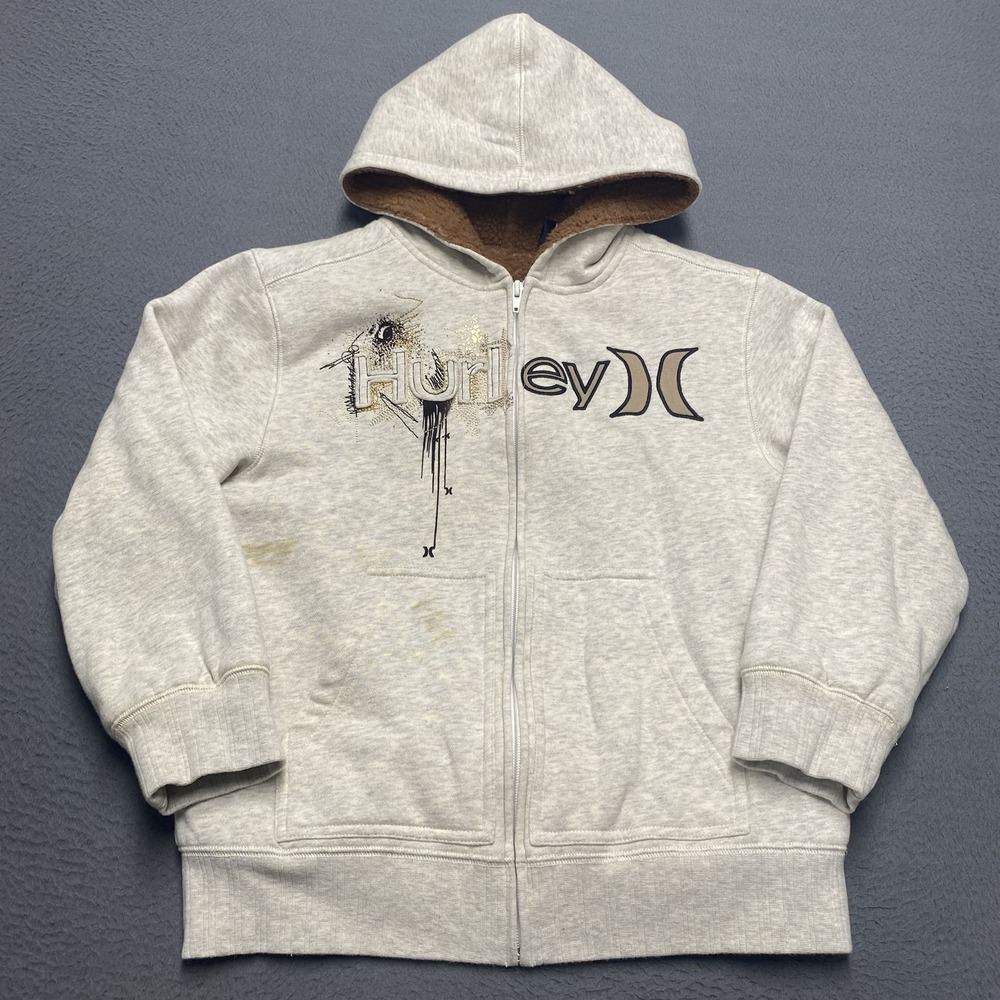 VTG Hurley Hoodie Kids Medium Gray Sherpa Lined Full Zip Fleece Graphic Logo